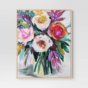 Nwt 24" x 30" Colorful Floral Framed Canvas, Natural frame
